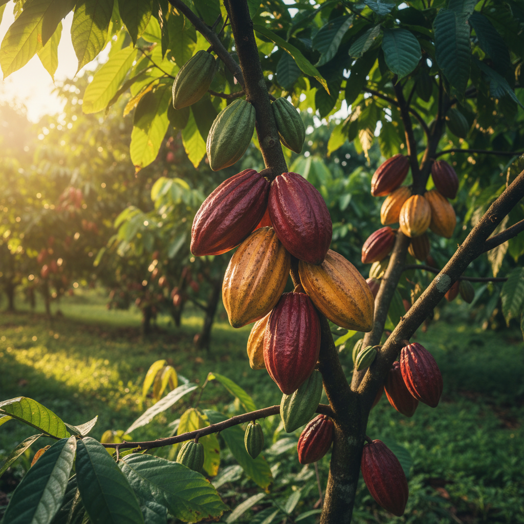 Cacao pods on a tree in Ecuador's Arriba Nacional region, lush tropical foliage