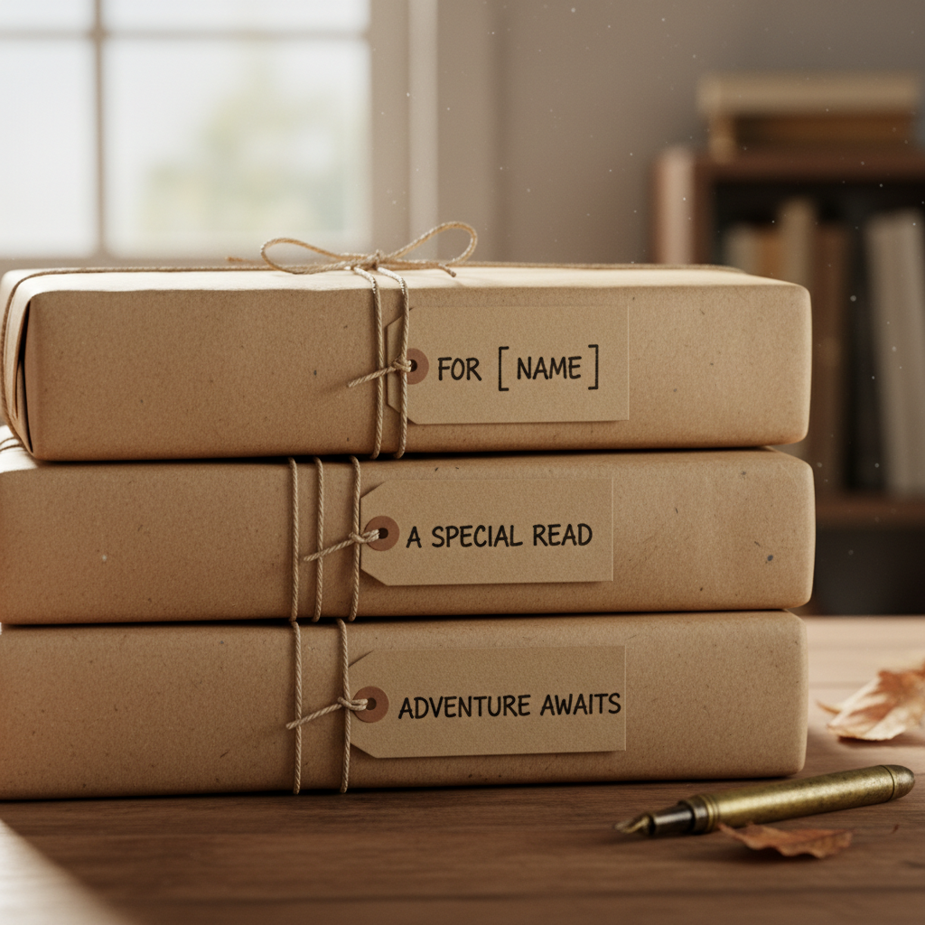 Wrapped personalised gift boxes with ribbon and handwritten tags in warm natural light
