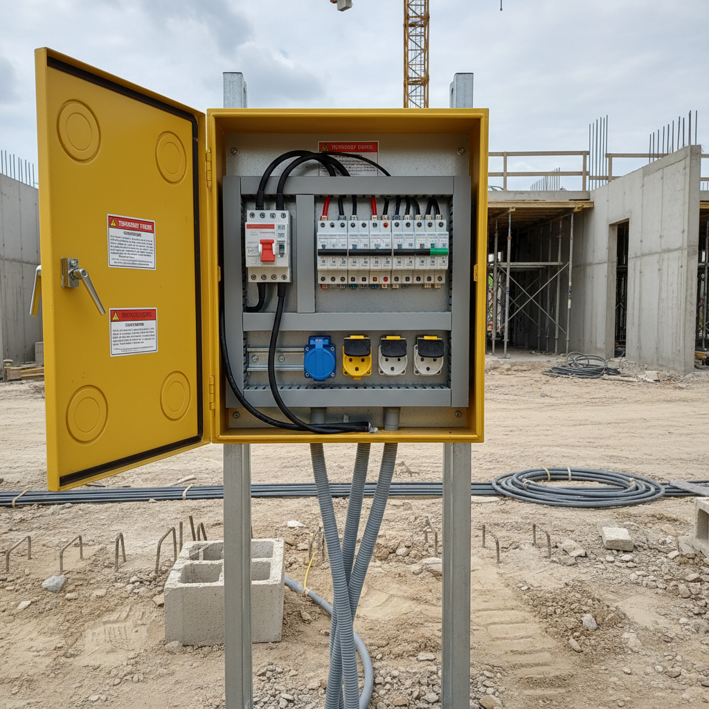 Tablero eléctrico provisional de obra con protecciones diferenciales instalado en zona de construcción