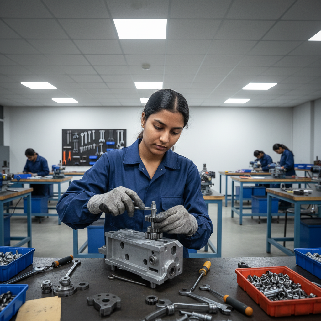 Mechanical fitter working with precision tools and industrial machinery in a well-lit workshop