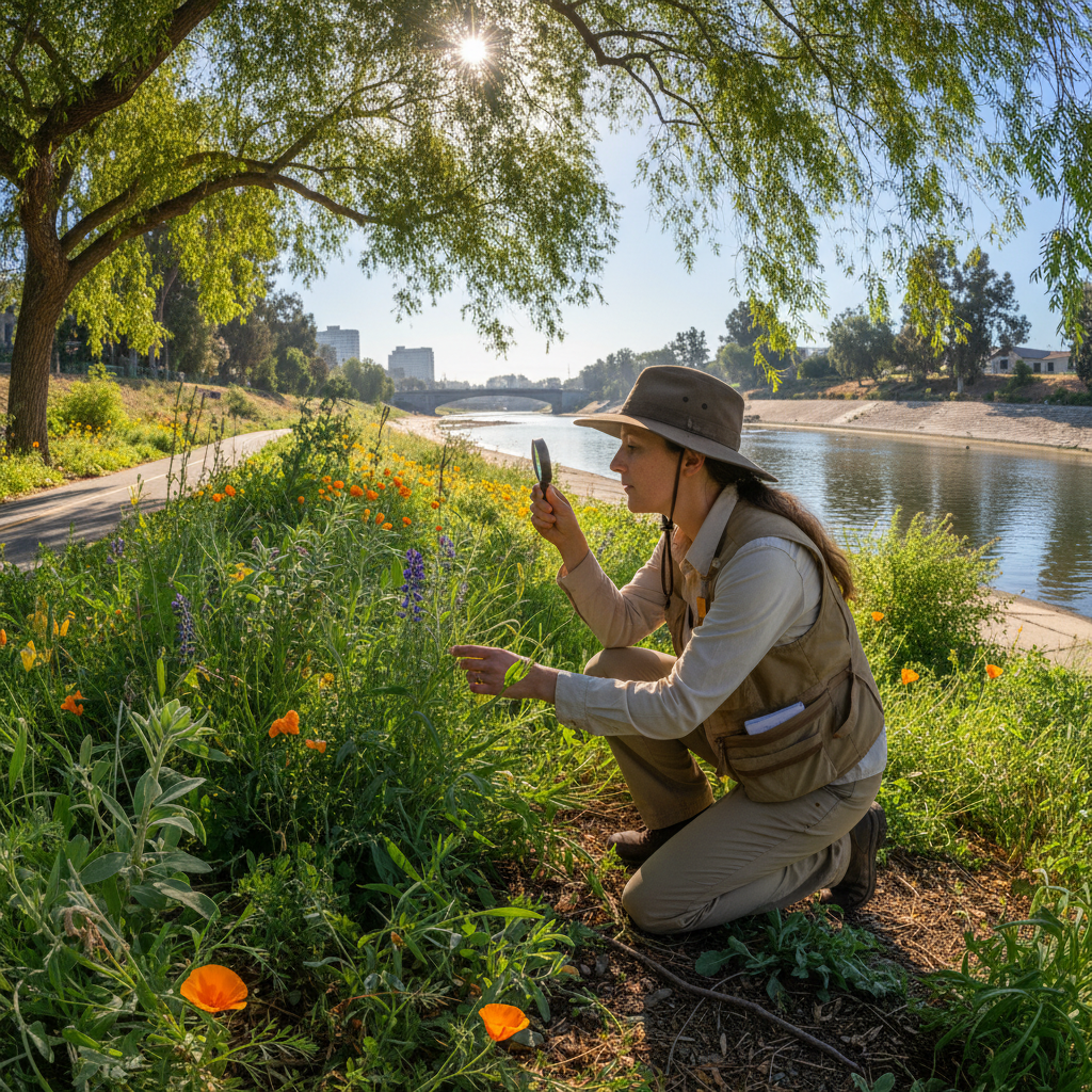 Sione Tuilagi, Restoration Ecologist, surveying native plantings along the LA River