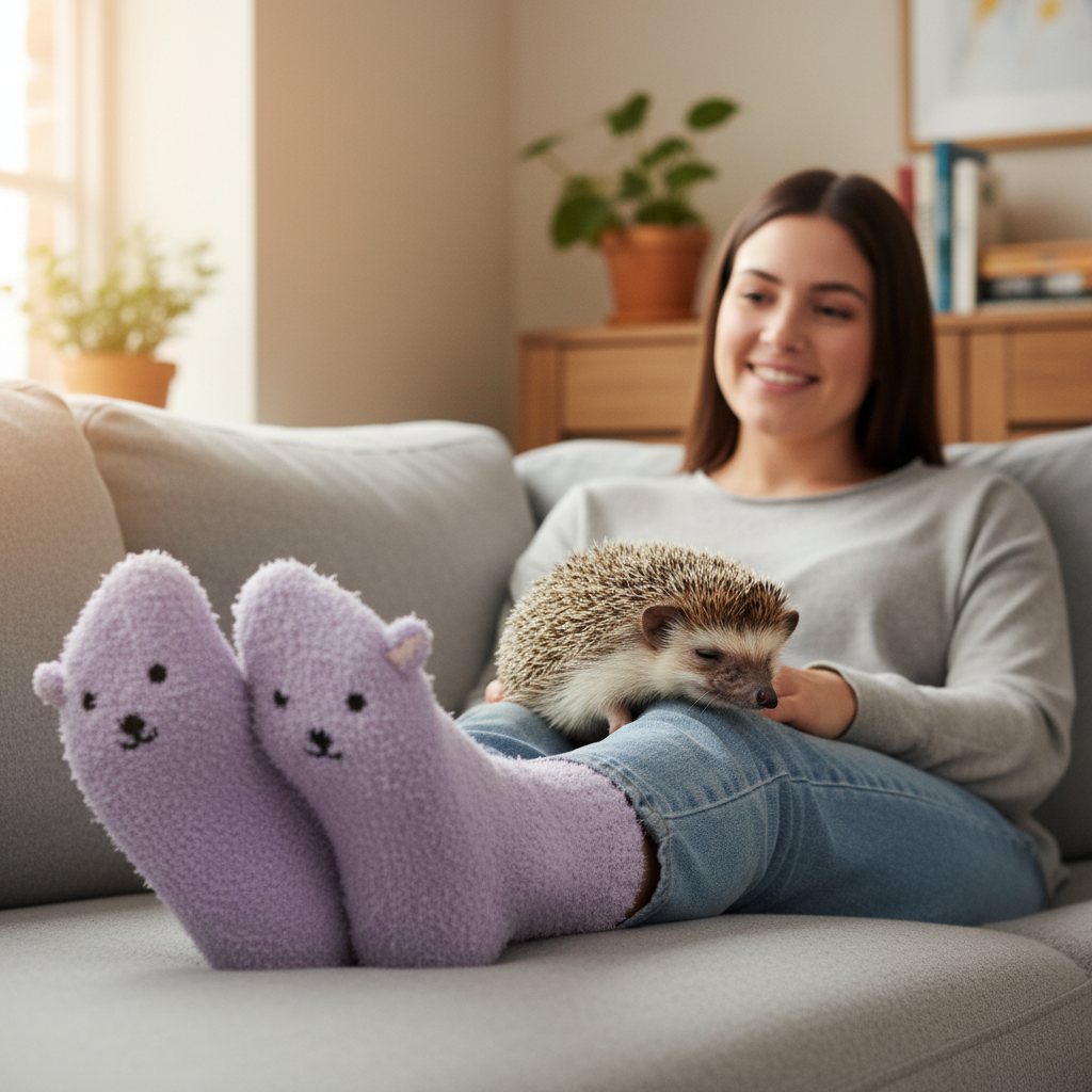 Woman in lavender hedgehog socks sitting on a couch next to her pet hedgehog named Pepper