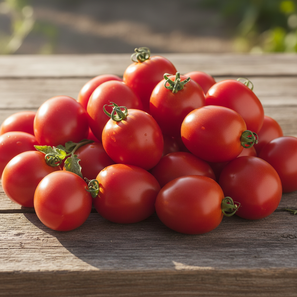 Fresh red tomatoes in a pile on a wooden surface
