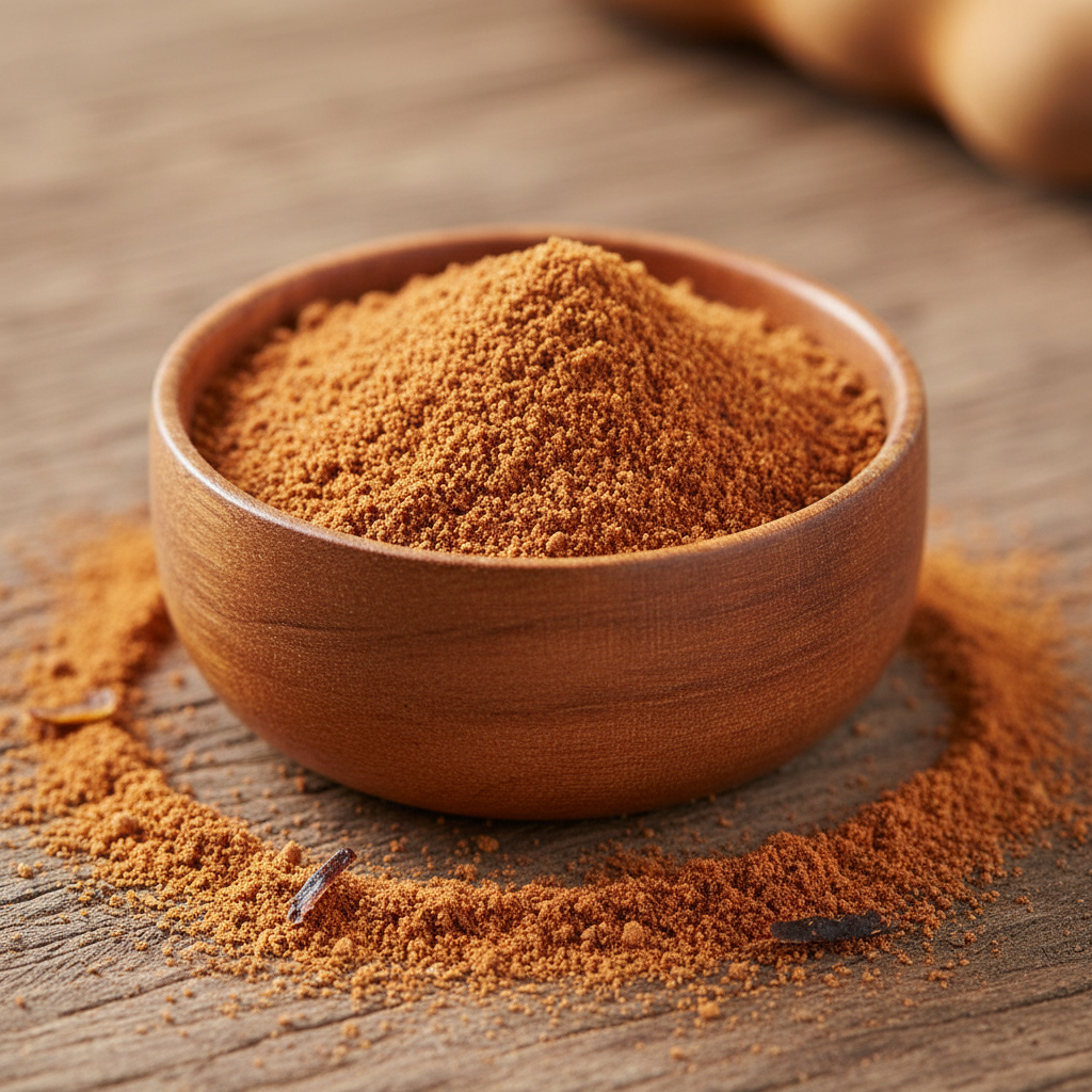 Brownish tamarind-based chenga powder in a small bowl on a dark wooden surface
