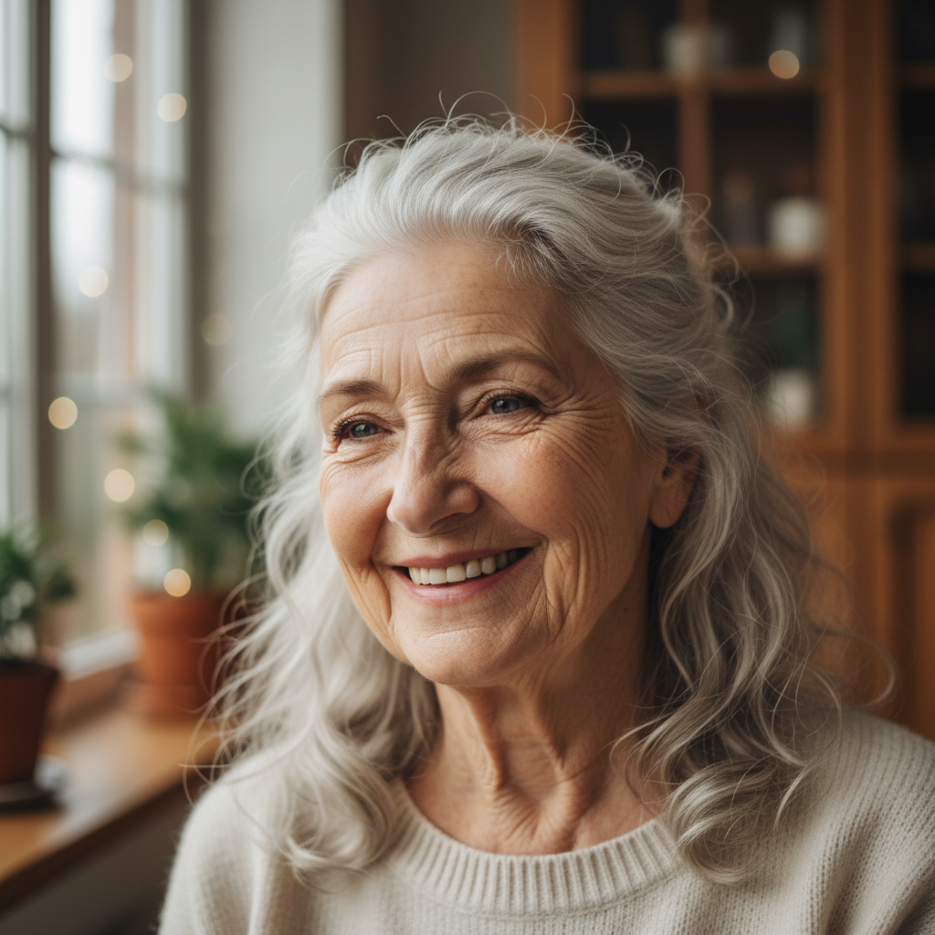 Older woman with silver hair and a warm smile