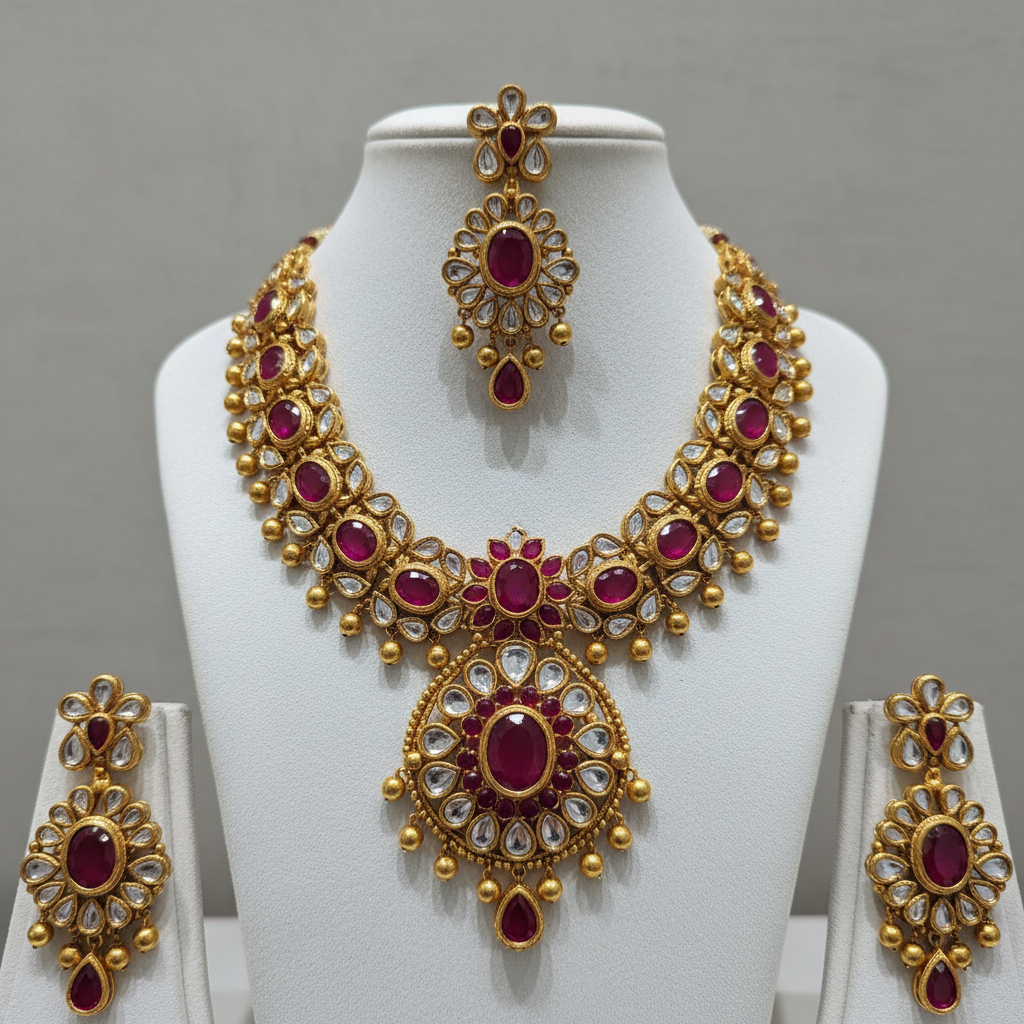 Kundan choker necklace set in gold with intricate stone work on dark velvet background