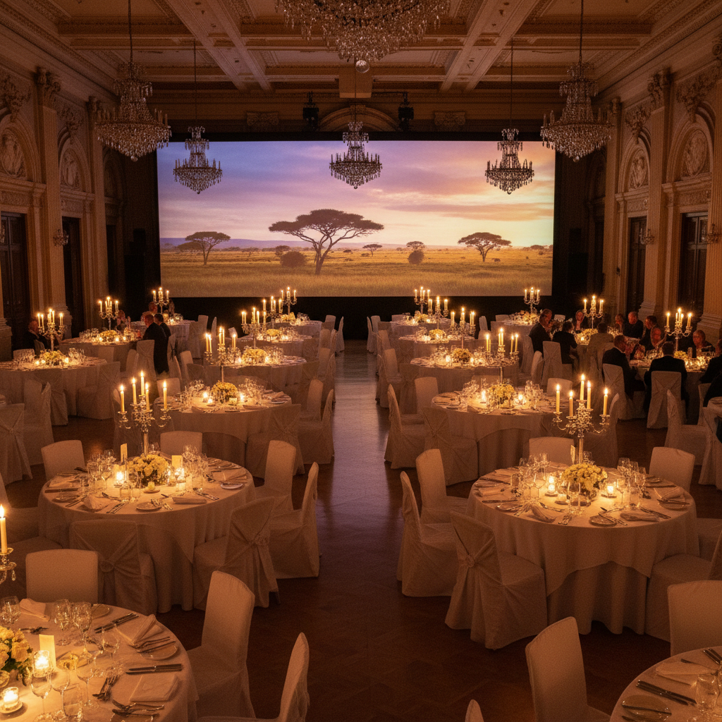 Elegant gala dinner setting with warm candlelight, round tables with white linen, and a large projection screen showing African landscapes