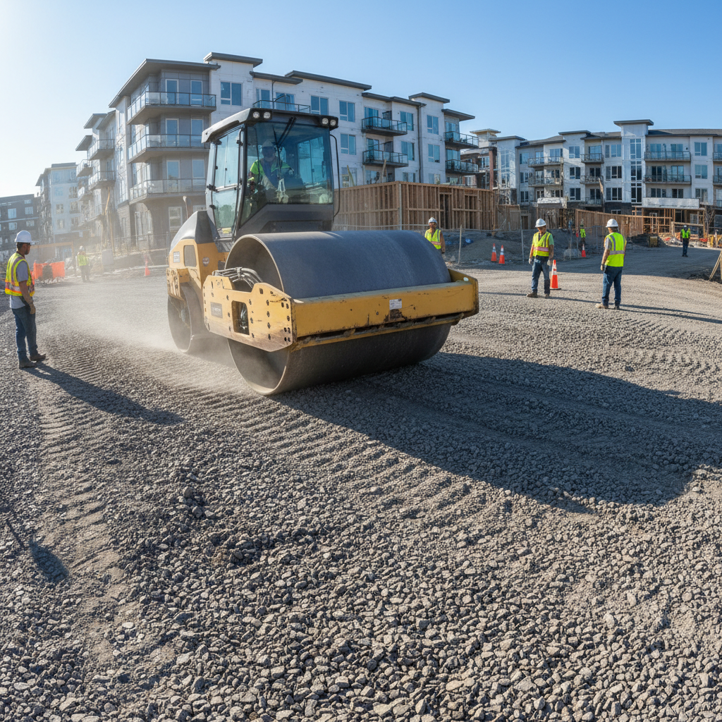 Rolo compactador vibratório comprimindo sub-base de brita em estacionamento de condomínio