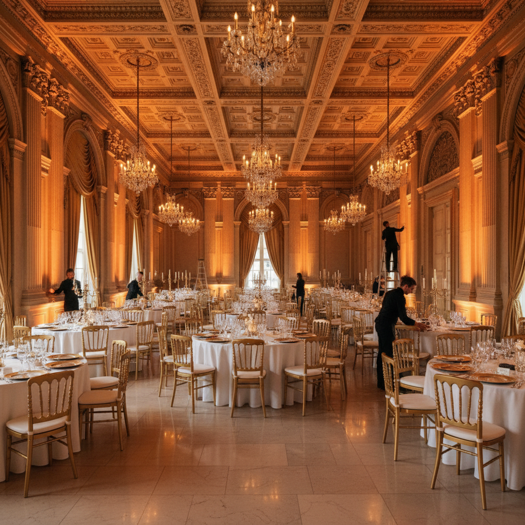 Dimly lit function venue with dark wood panelling, warm amber uplighting, round banquet tables set for an evening event, atmospheric low-key lighting