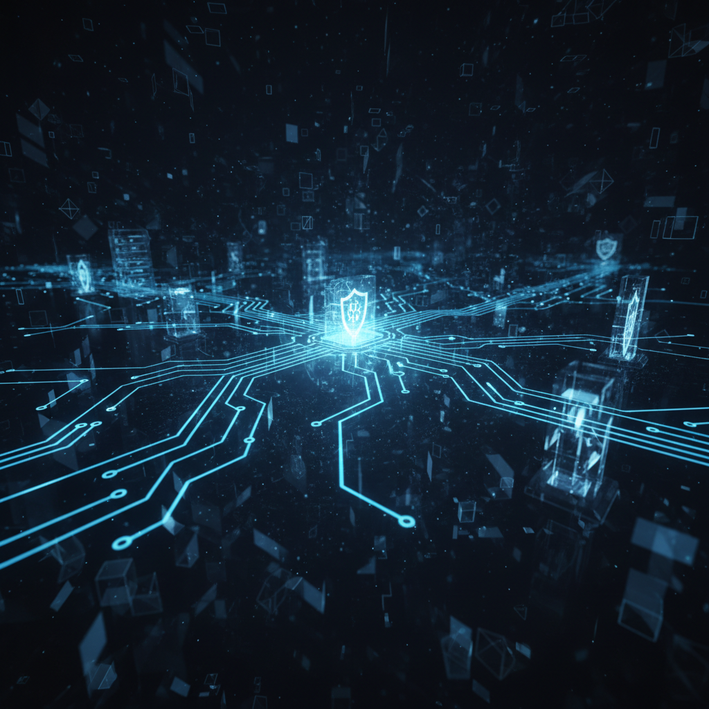 Sombre réseau de données numérique avec lumières bleues sur fond noir, ambiance cybersécurité