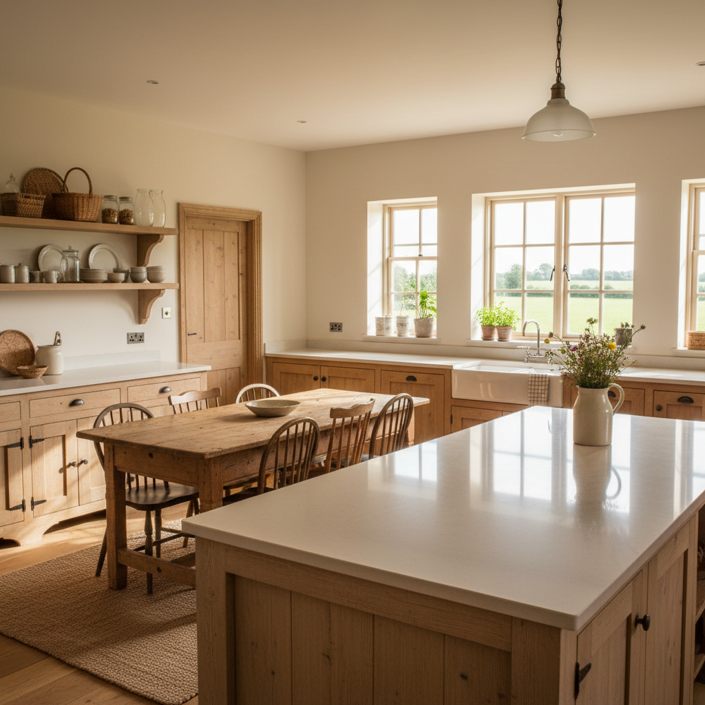 Warm wood veneer kitchen with open shelving and natural stone countertop