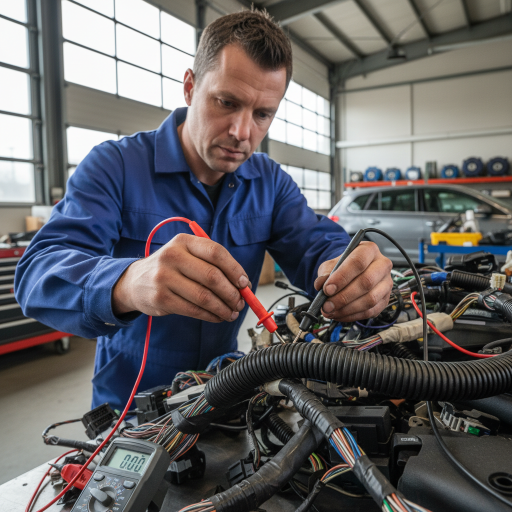 Technician testing car electrical wiring harness with multimeter, dark workshop background