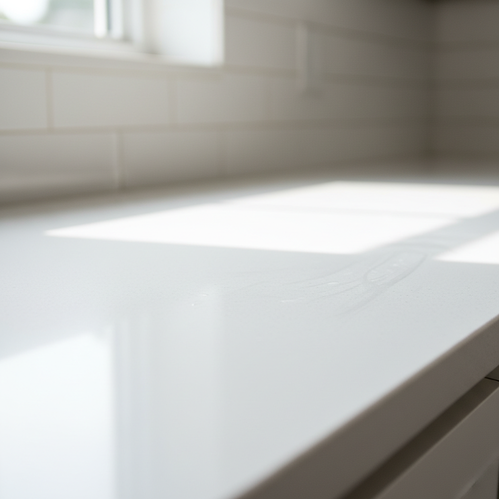 Kitchen counter after Spotless cleaning — gleaming white surface, no residue, window light reflecting cleanly