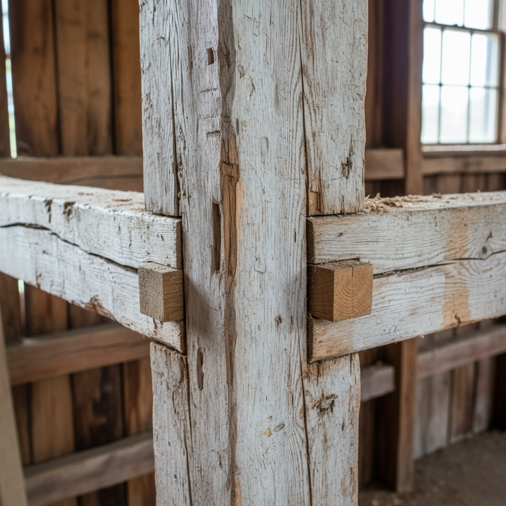 Close-up of hand-cut mortise and tenon timber joint in aged white oak barn framing
