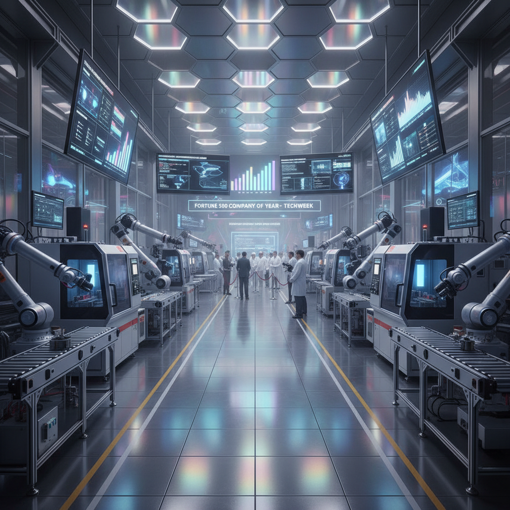 Precision manufacturing floor bathed in iridescent light with stacked media coverage and press recognition
