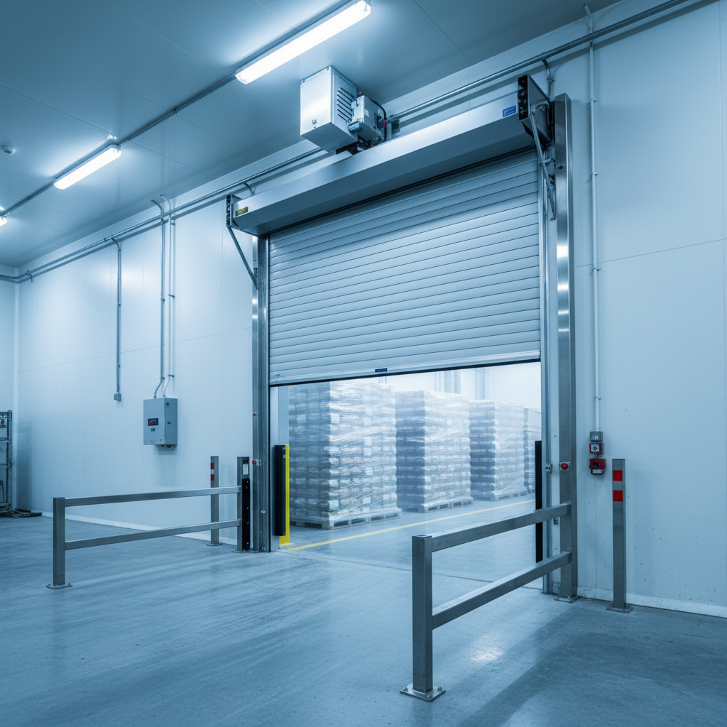 High-speed roll-up door rapidly opening in a refrigerated food distribution facility