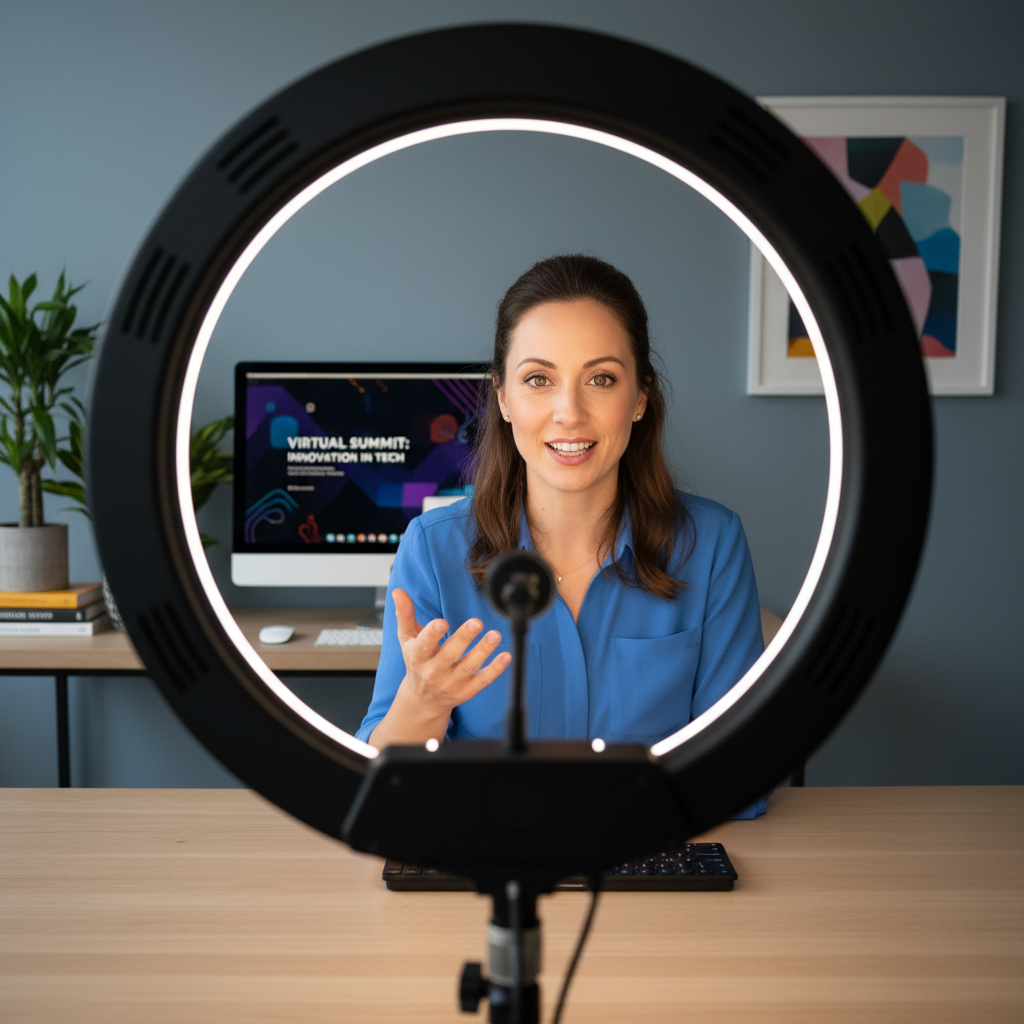 Professional home office setup for virtual event hosting with clean desk, good lighting, and organized workspace for online meeting