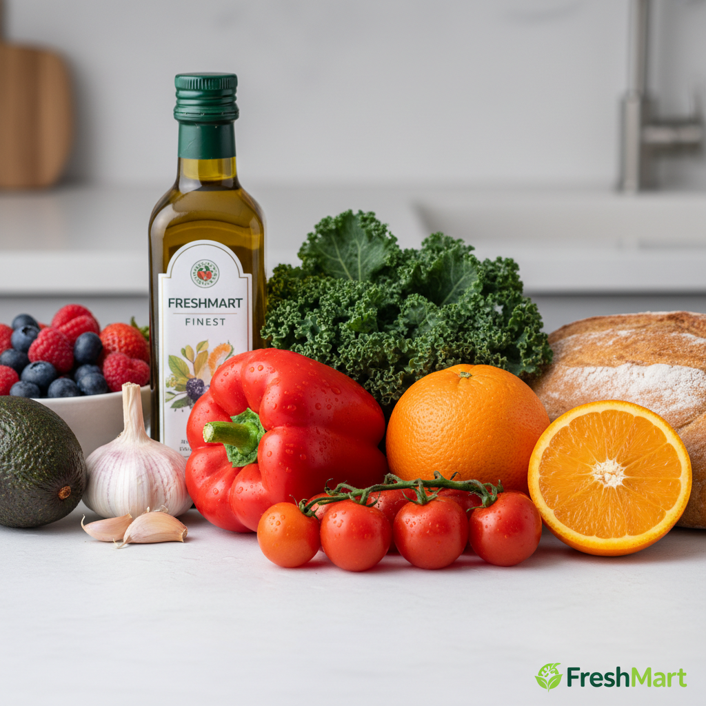 Glass bottle of olive oil on bright kitchen counter with fresh herbs, natural light