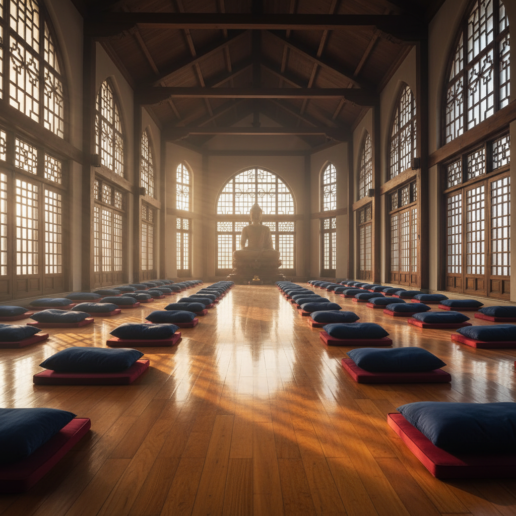 Simple wooden meditation hall interior with rows of cushions in soft natural morning light