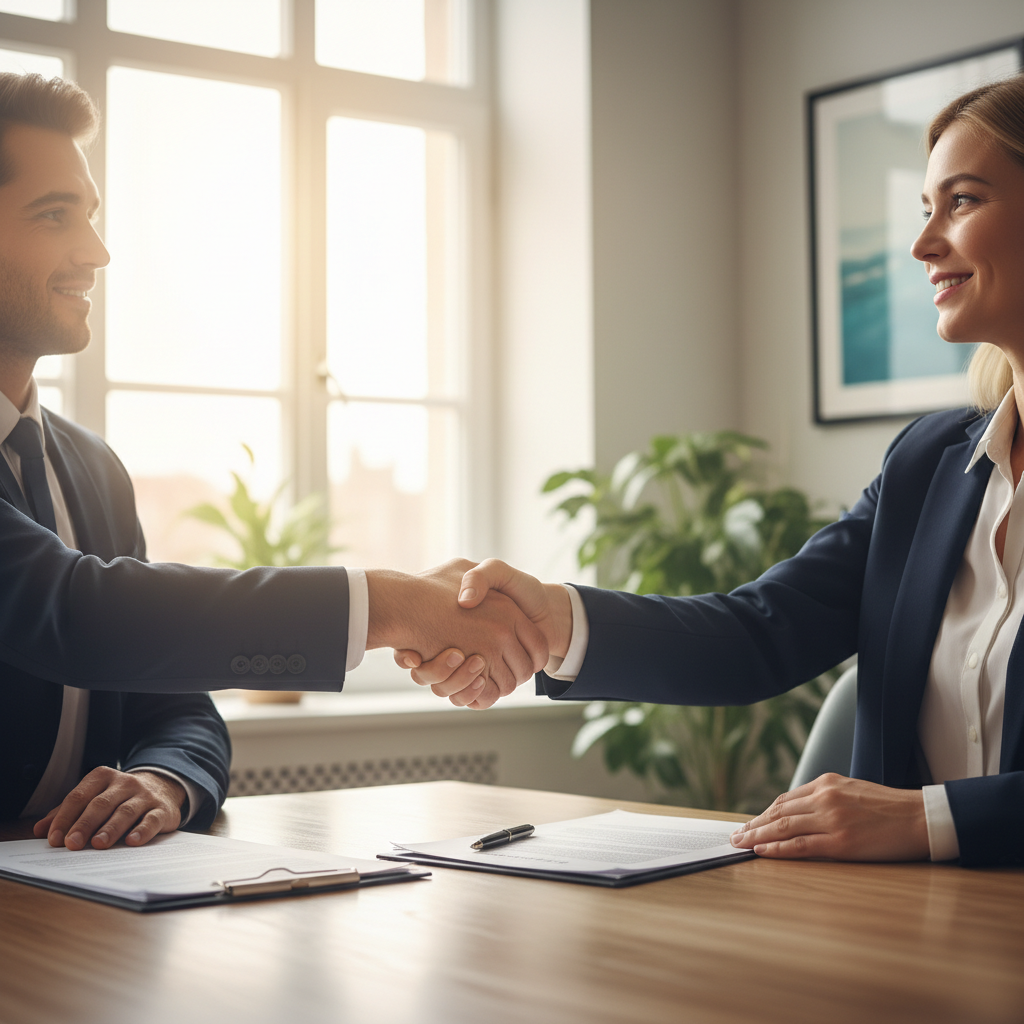 Two people shaking hands after completing a service agreement