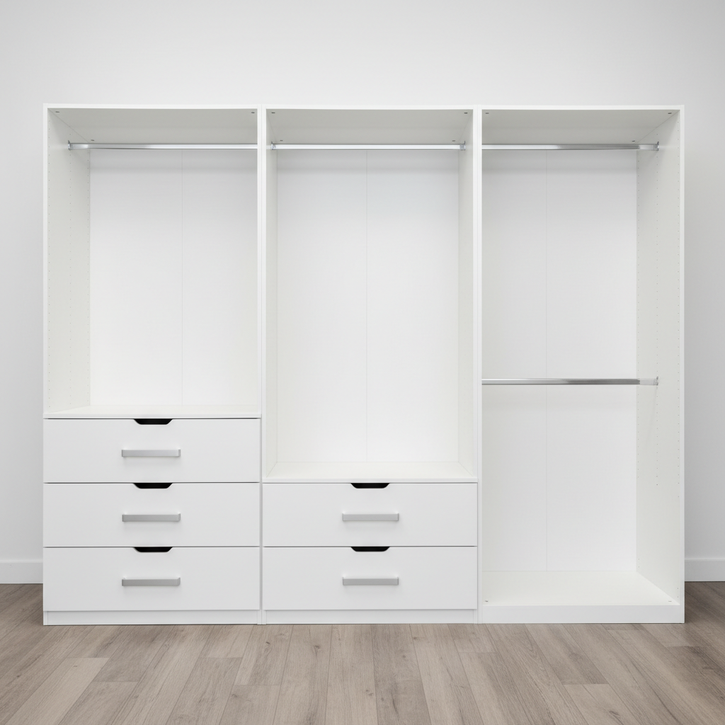 Reach-in closet organizer with wooden shelves and hanging rails
