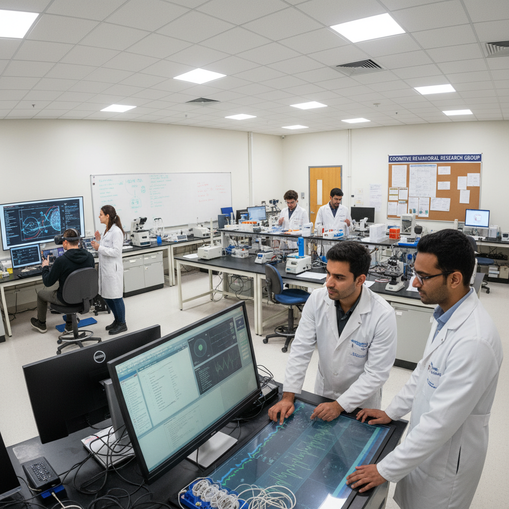 Nhà nghiên cứu làm việc trên máy tính với dữ liệu nghiên cứu khoa học, phòng lab sáng