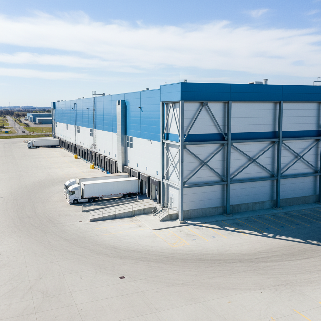 Refrigerated reefer truck at loading dock, cold storage, blue-toned industrial