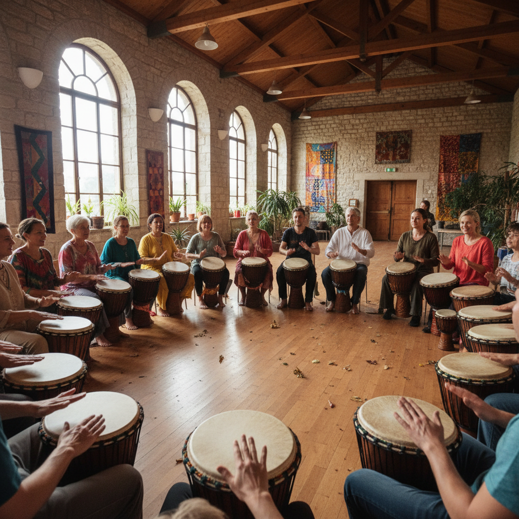Community drumming circle with adults and children playing djembe drums together in a large hall