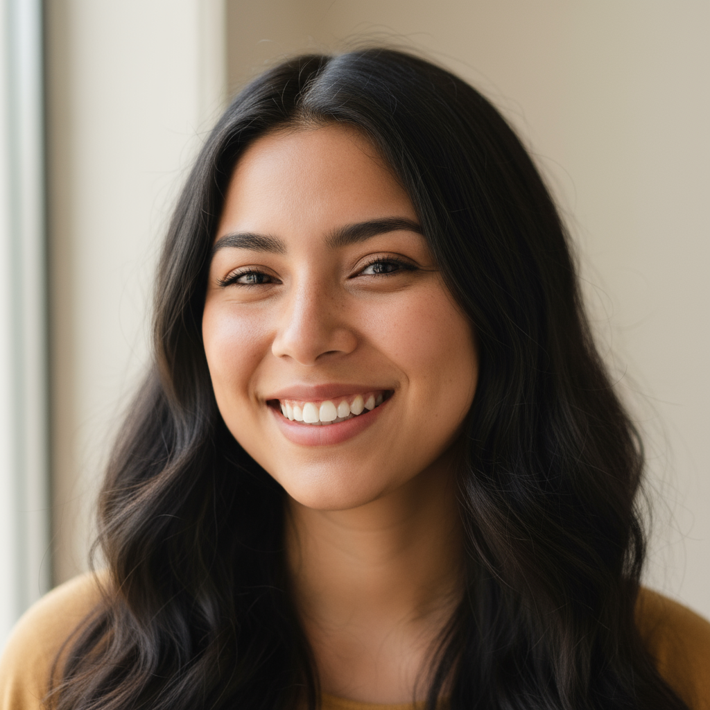 Hispanic woman with long dark hair in red sweater smiling warmly