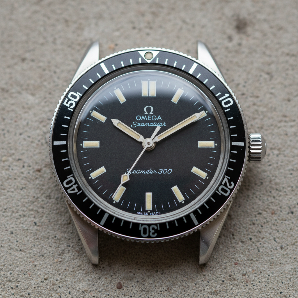 Omega Seamaster 300 from 1967 with original black dial and broad arrow hands closeup