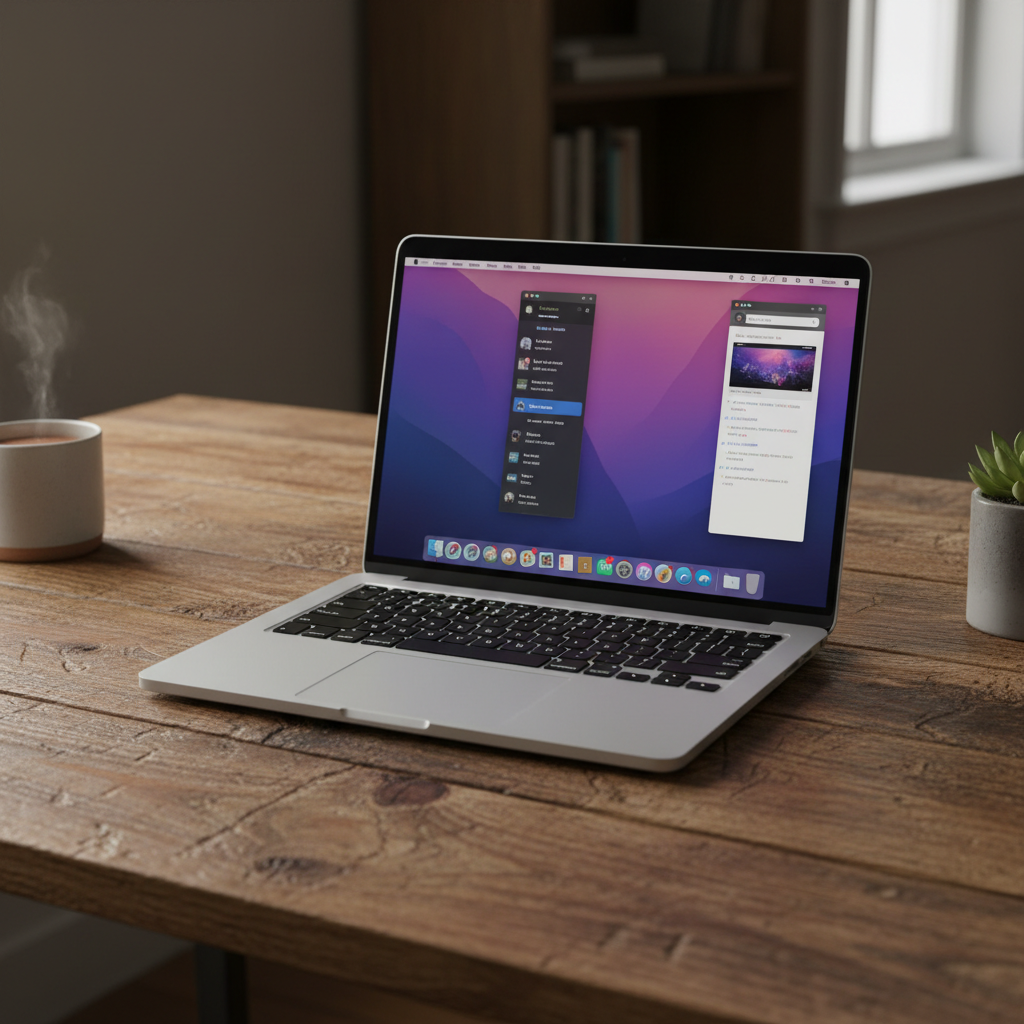 Apple MacBook Pro 13 inch M1 silver open on wooden desk, premium laptop