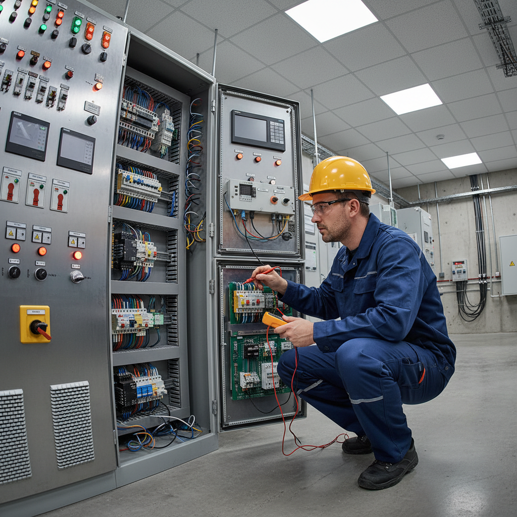 Цахилгаан угсралтын ажил — инженер хяналтын самбарт ажиллаж байна