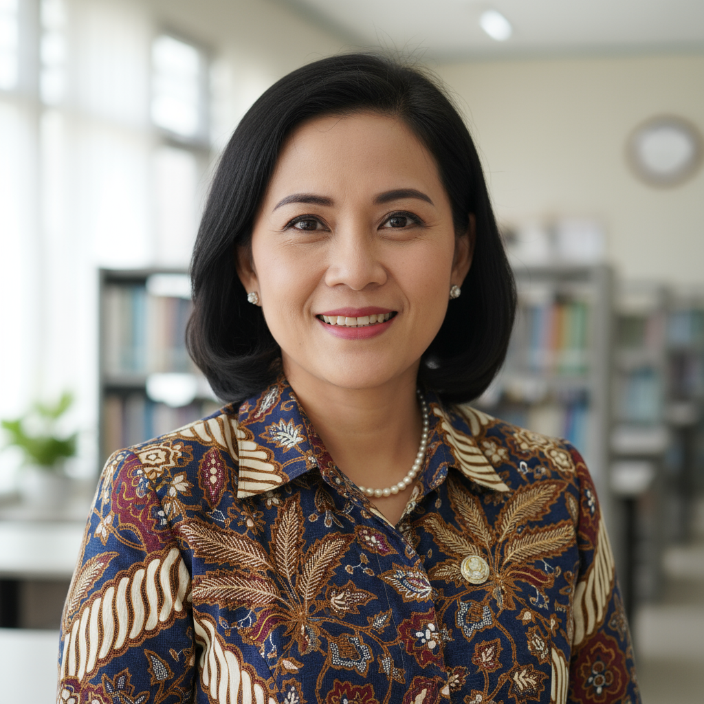 School principal in formal attire, professional portrait with warm confident expression, bright office background
