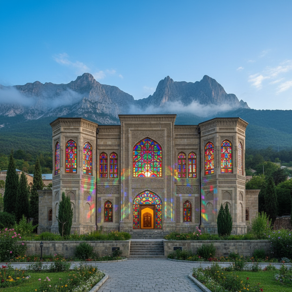 Sheki Khan Palace in Azerbaijan with ornate stained glass windows and Silk Road architecture