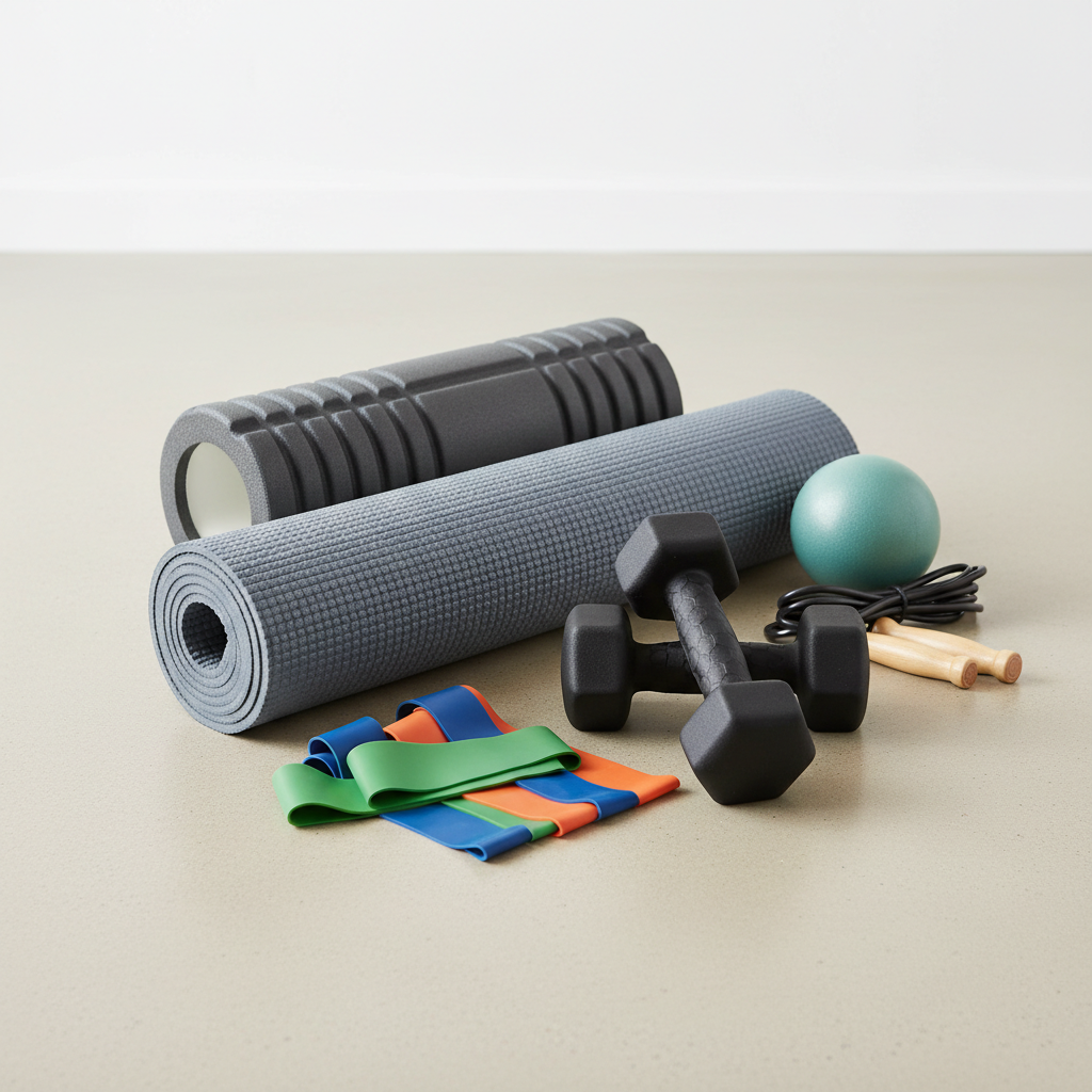 Sports and fitness equipment including weights, yoga mats, and athletic gear arranged in a gym setting