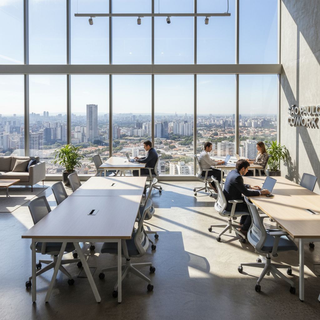 Contemporary São Paulo coworking space in Faria Lima financial district with panoramic city views