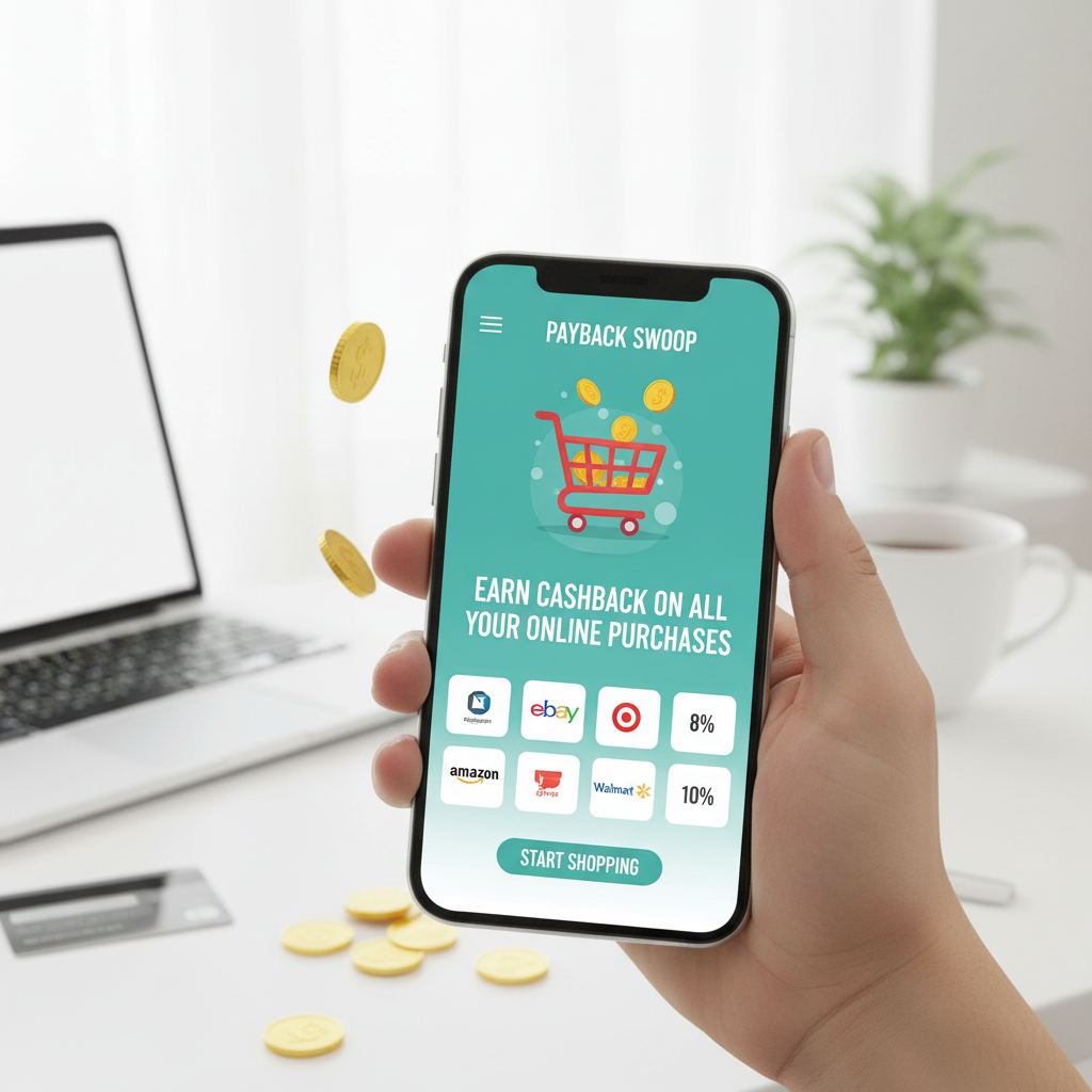Person holding smartphone showing cashback app with green earnings display, white background