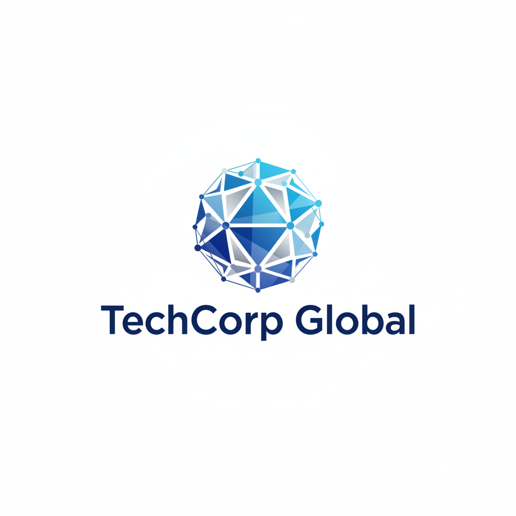 TechCorp Global company logo featuring modern blue geometric design on white background