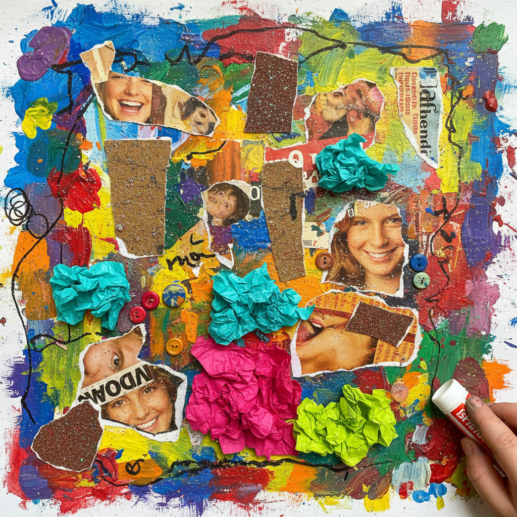 Colorful mixed media collage artwork with magazine clippings, paint and textured paper created by a child