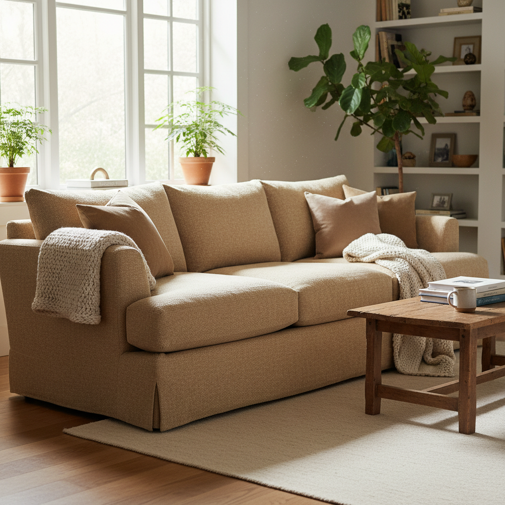 Beige fabric 3-seater sofa with cushions on wooden floor
