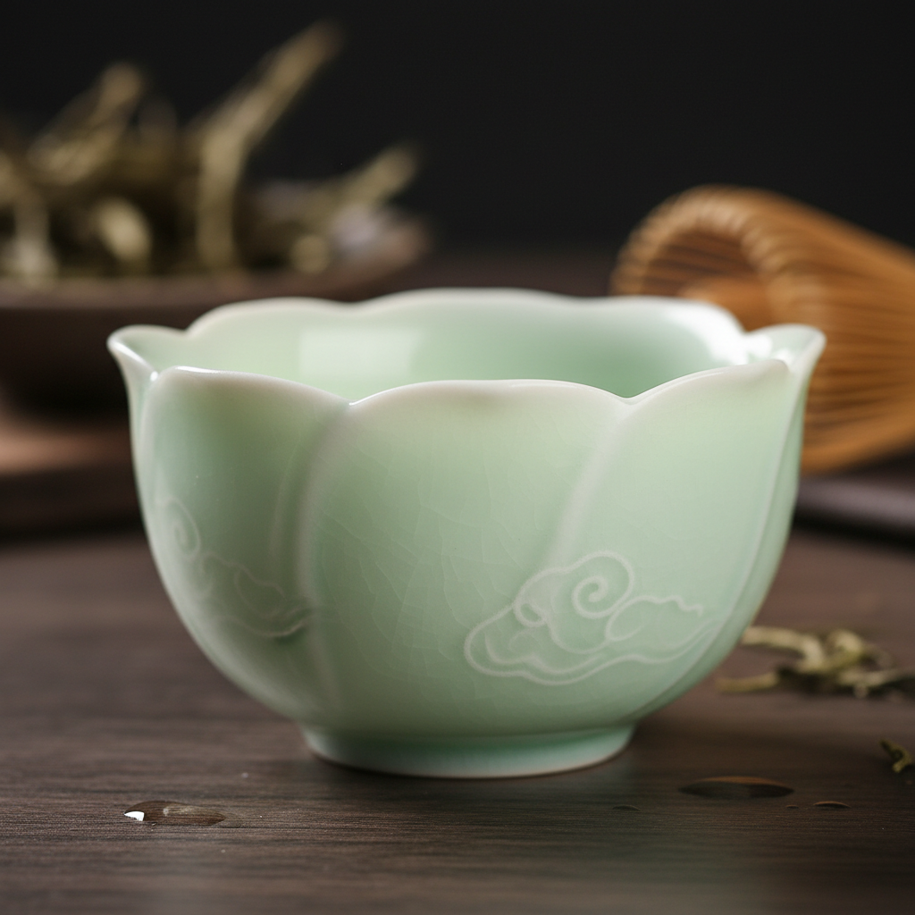 Small translucent porcelain cup with jade-green celadon glaze pooling in carved lines