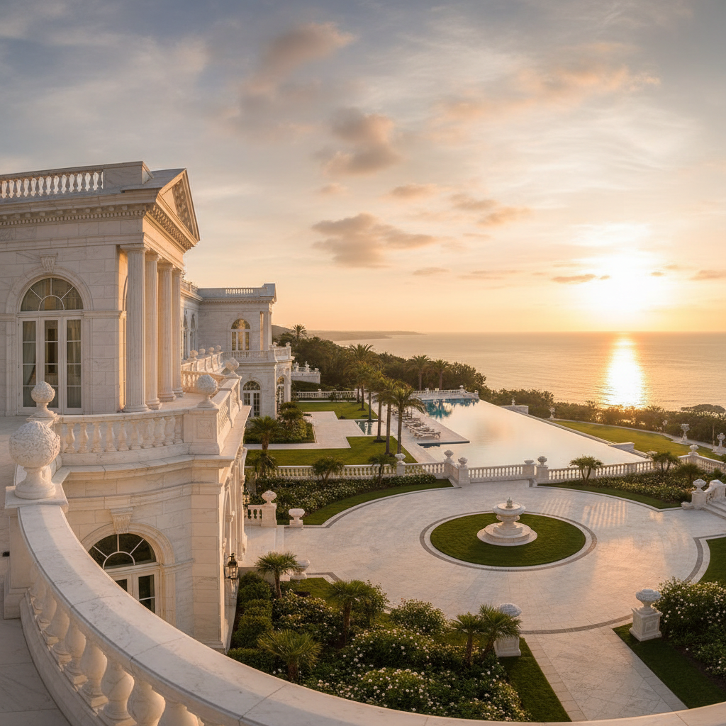 Grand private island estate with multiple pavilions, large infinity pool, tropical gardens, open ocean backdrop at golden hour