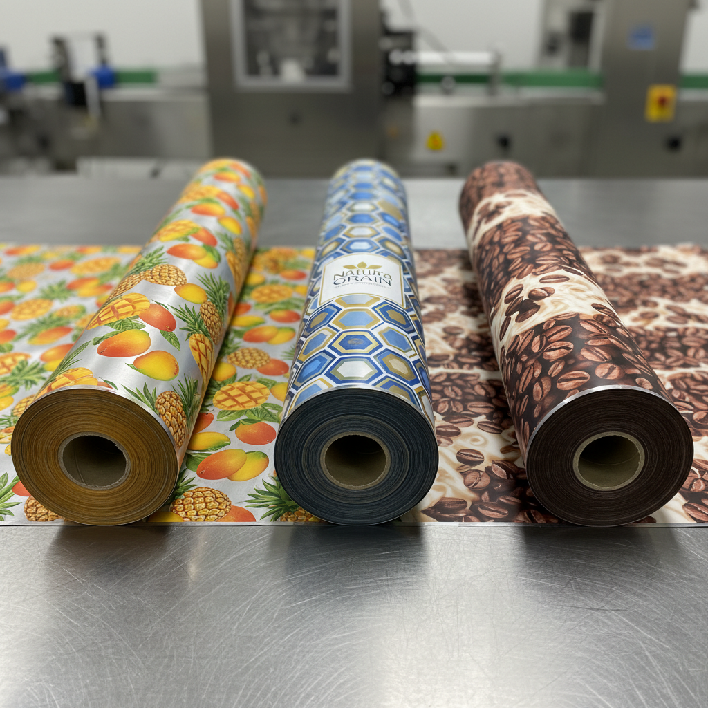 Industrial laminated film rolls in manufacturing facility with precision slitting equipment
