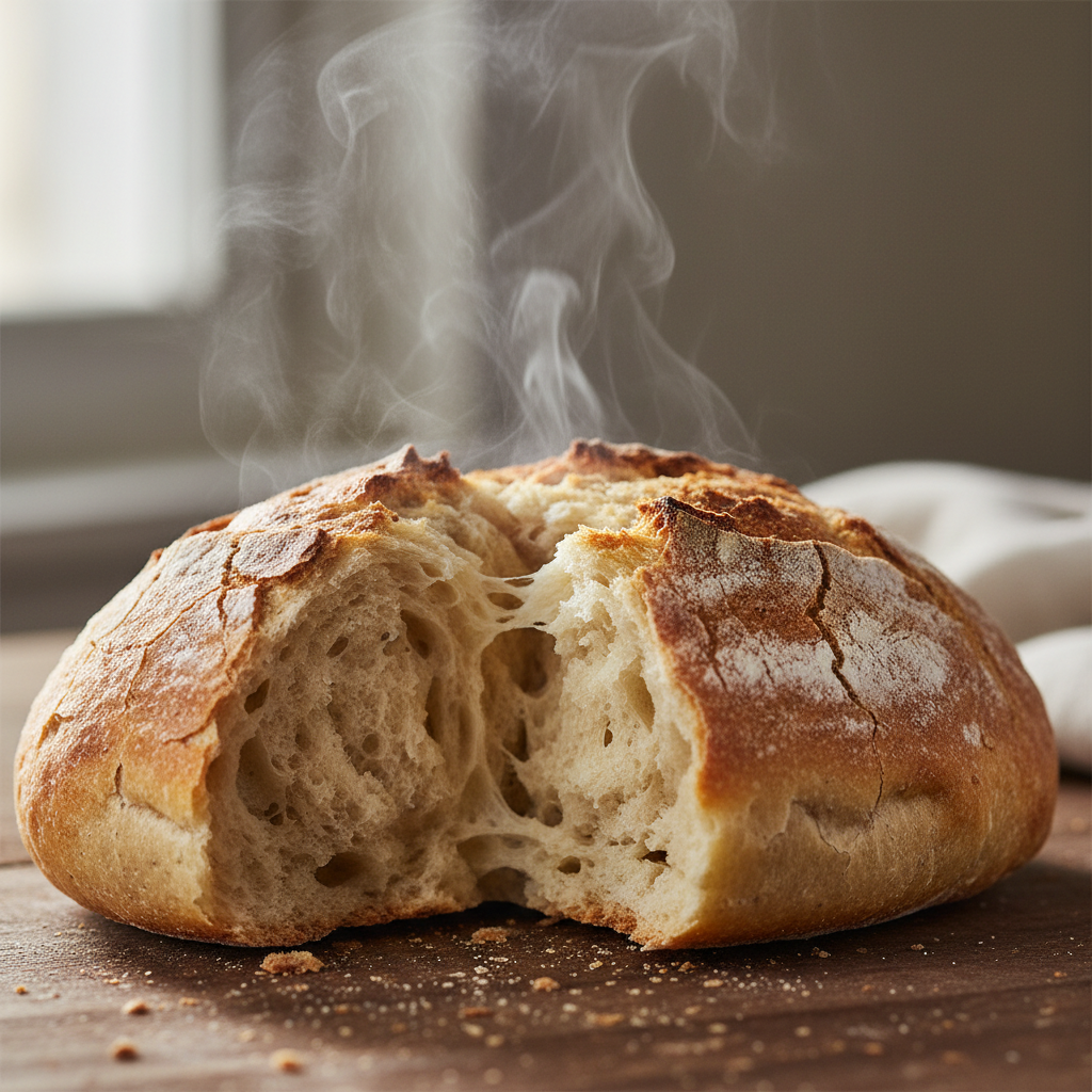 Close-up of a crusty pan flauta roll being split open with steam rising from the soft interior