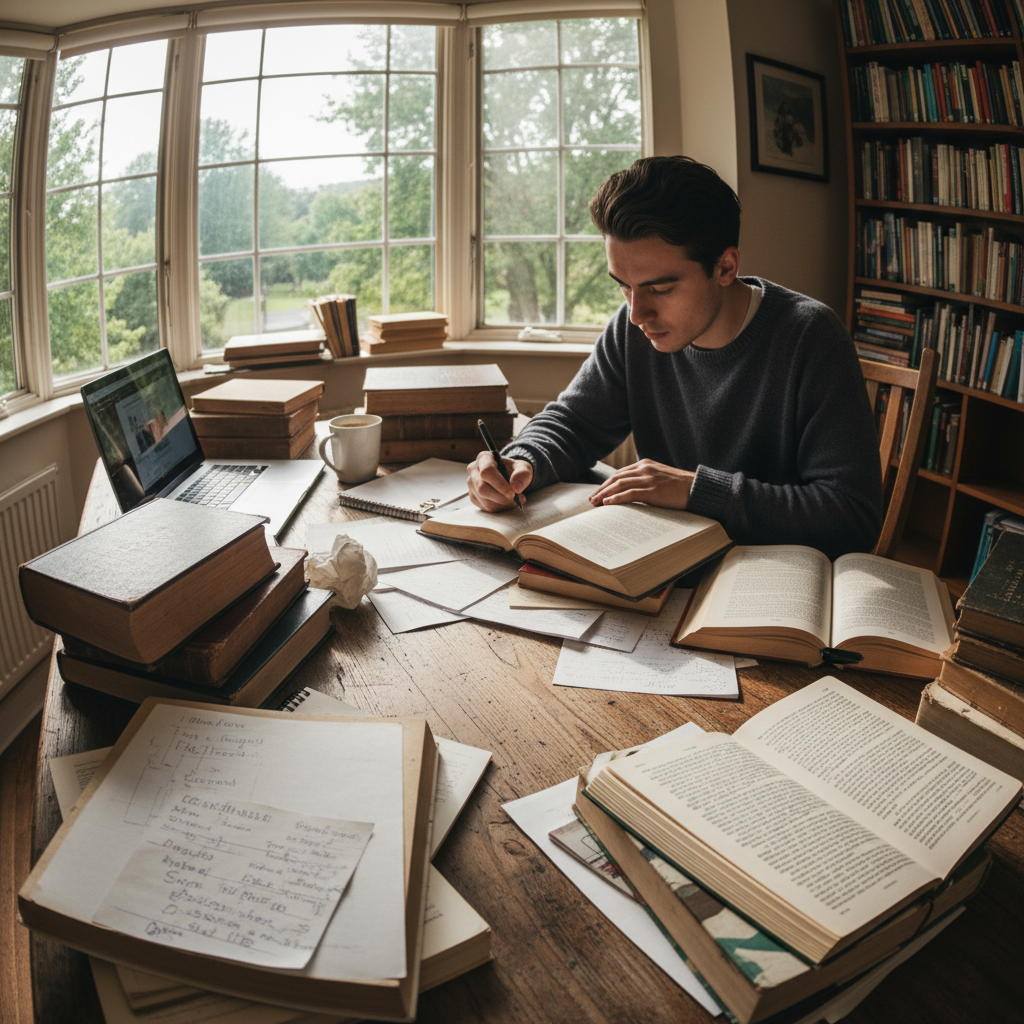 Student studying English at a wooden desk, warm morning light, open notebook, focused atmosphere