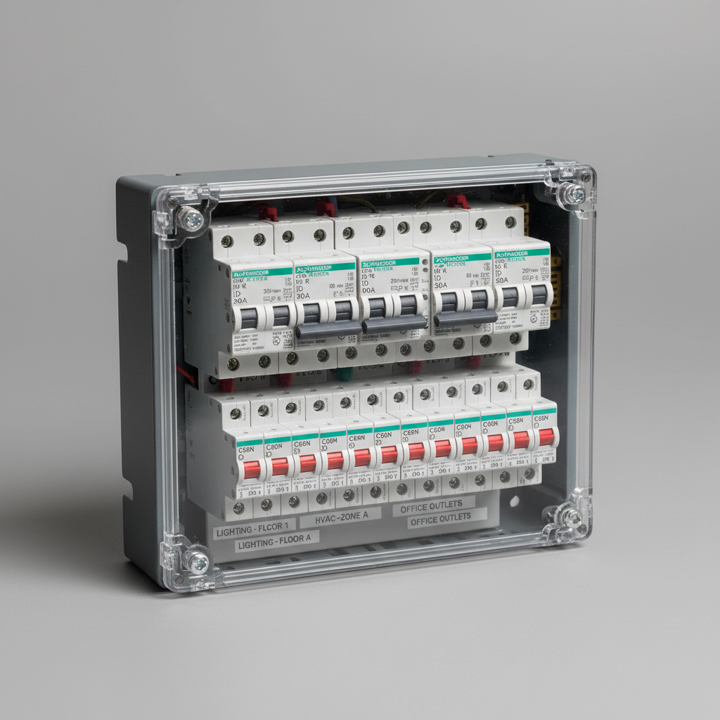 Distribution board with MCBs and RCCBs neatly wired in a commercial building electrical room