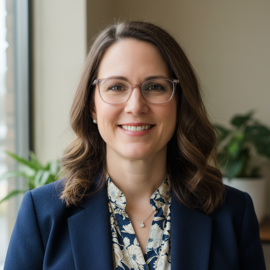 Female teacher portrait, professional attire, warm expression, neutral background
