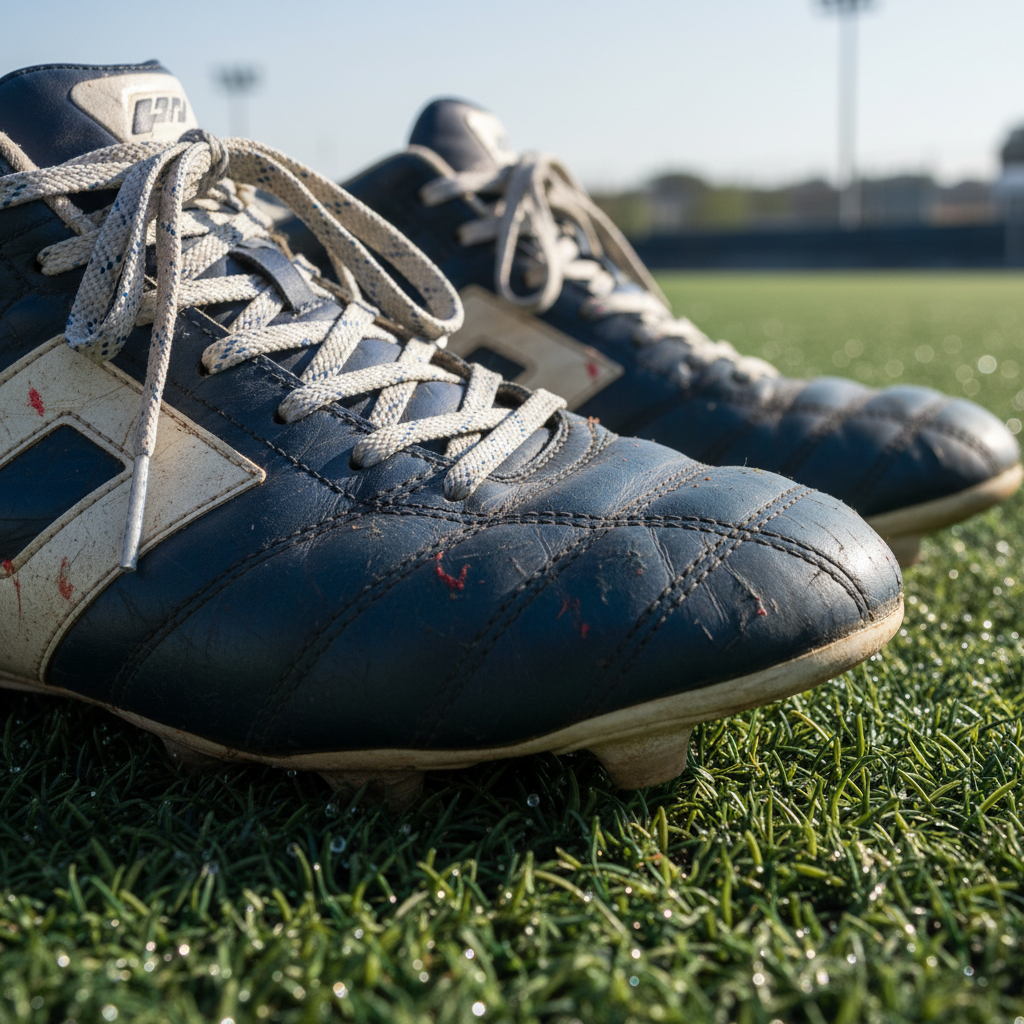 Low angle shot of rugby boots on grass during warm-up drills, studs visible against the pitch