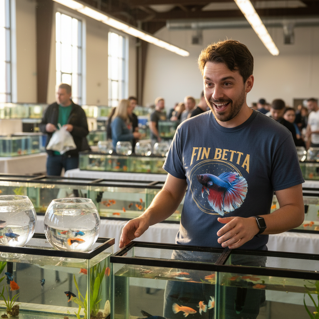 Aquarium hobbyist at fish swap wearing Fin betta tee