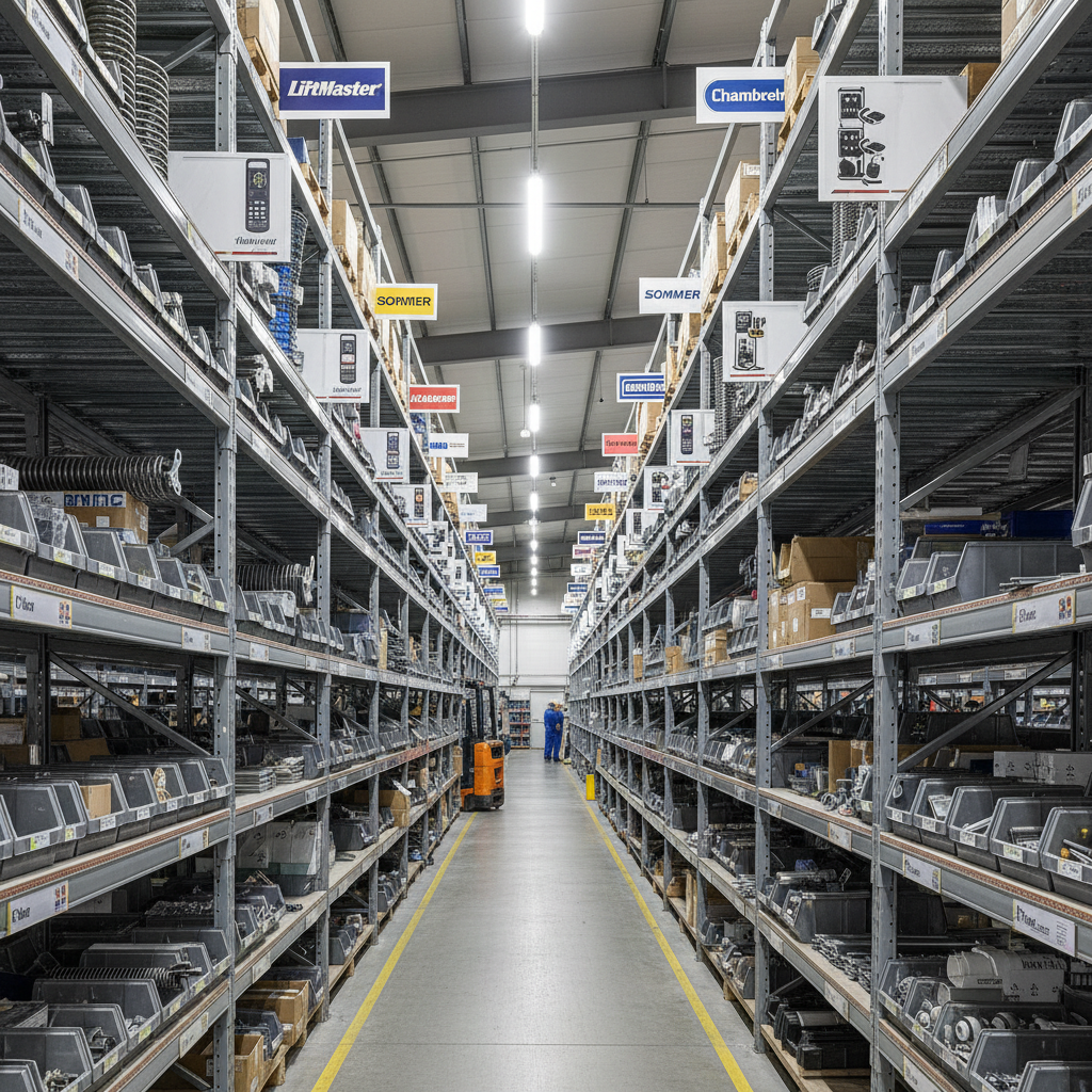 Almacén de Portón con estantes de refacciones para puertas de garaje y cortinas metálicas organizados por marca